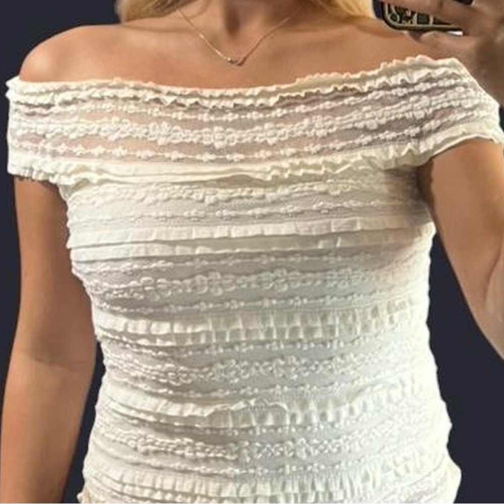 Max Studio White Off-Shoulder Ruffle Crop Top